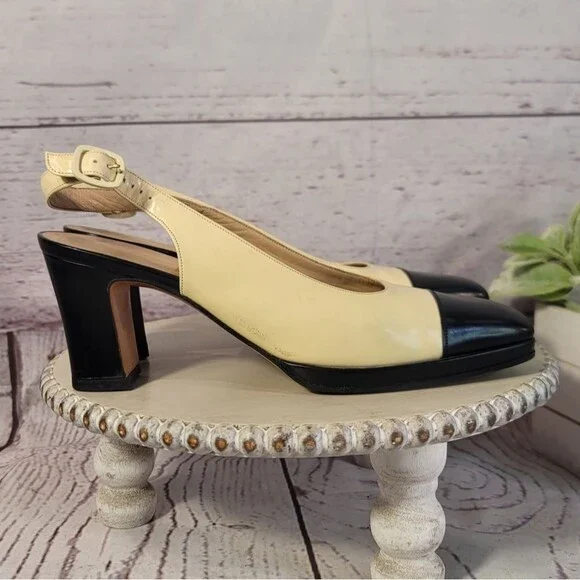 Salvatore Ferragamo Vintage Leather Slingback Heels Cream Black Cap Toe Size 8.5 - Picture 9 of 12